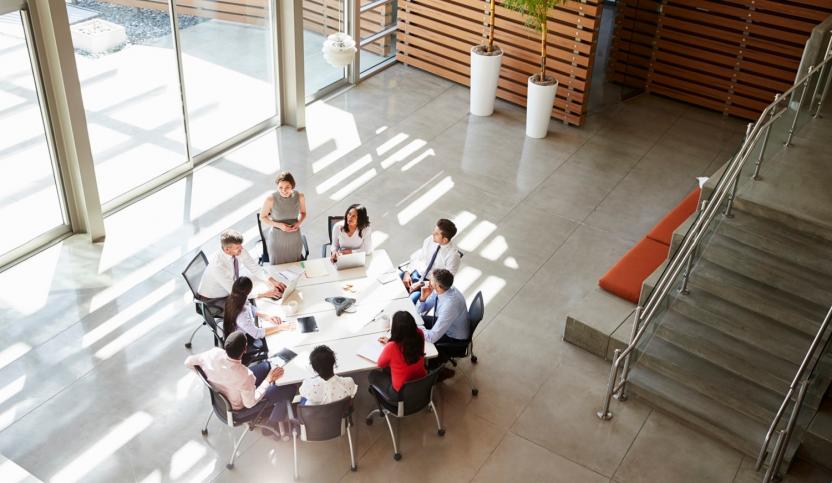 Female manager addressing a team meeting, elevated view